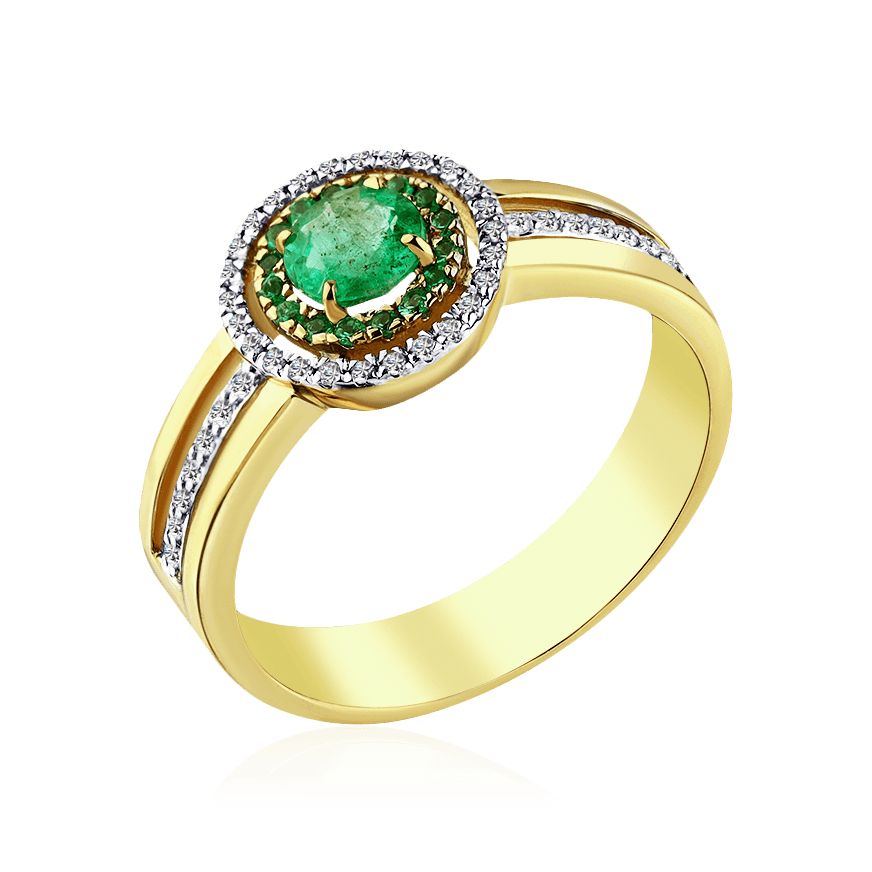 Кольцо с бриллиантами, изумрудом из желтого золота 585 пробы, фото № 1