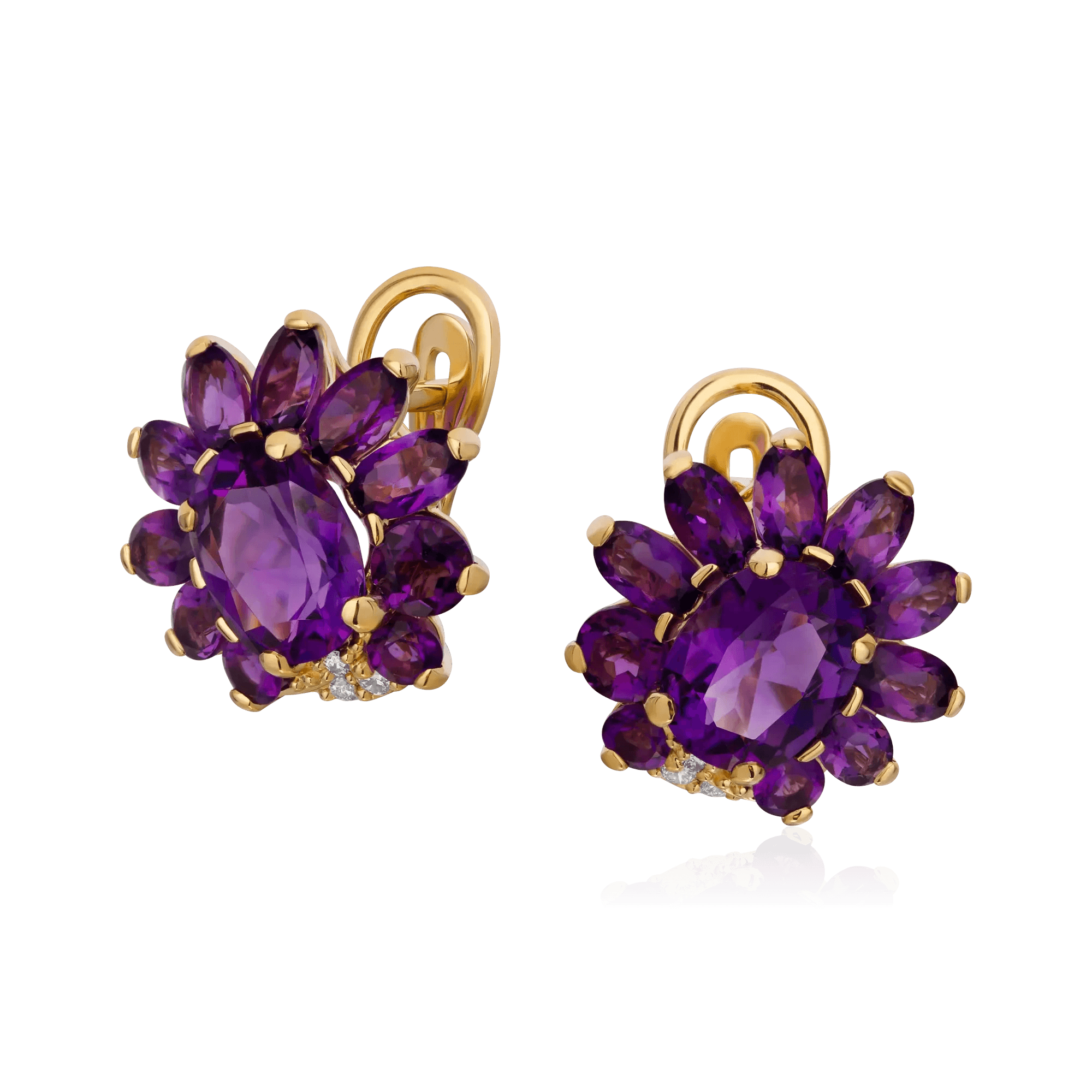 Серьги с аметистом, бриллиантами из желтого золота 750 пробы (арт. 132775)
