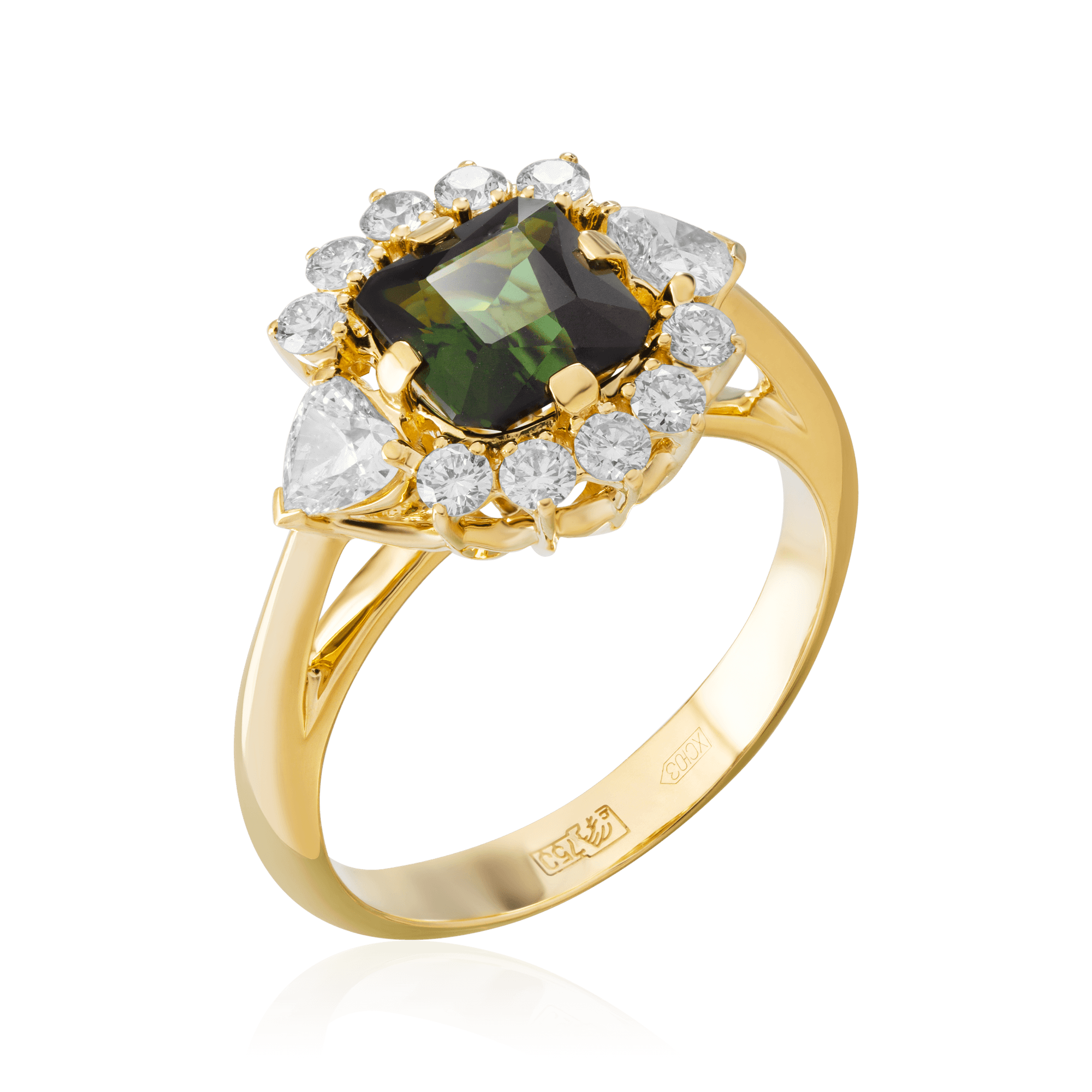 Кольцо с турмалином, бриллиантами из желтого золота 750 пробы (арт. 90868)