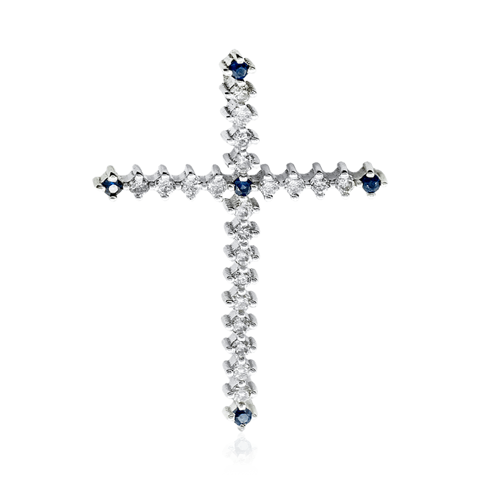 Крест с сапфиром, бриллиантами из белого золота 585 пробы, фото № 1