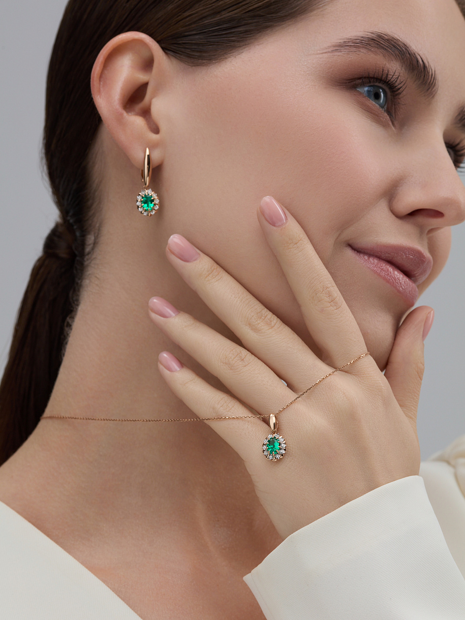 Серьги с бриллиантами, изумрудом из красного золота 585 пробы, фото № 5