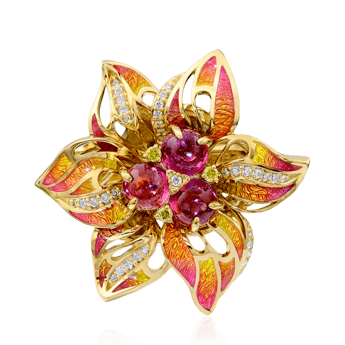 Кольцо цветок с турмалином, эмалью, бриллиантами из желтого золота 750 пробы, фото № 2