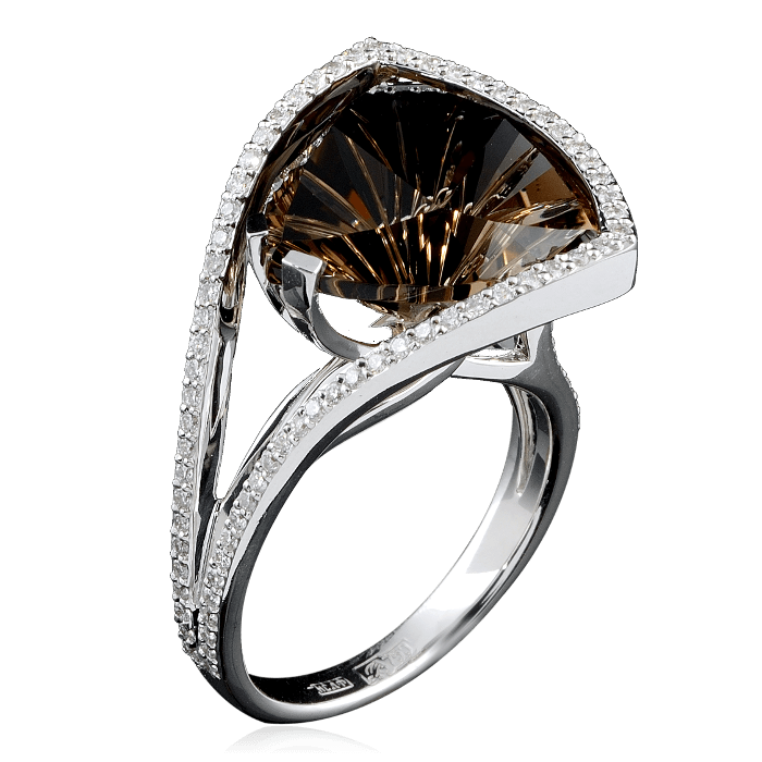 Кольцо с раухтопазом, бриллиантами из белого золота 750 пробы (арт. 43742)