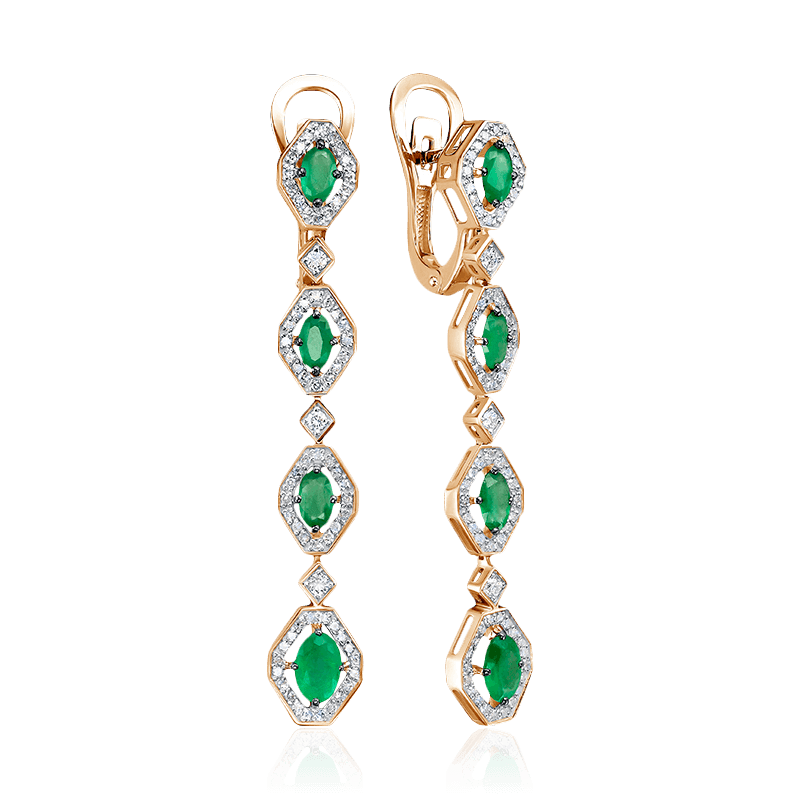 Серьги с изумрудом, бриллиантами из красного золота 585 пробы (арт. 122640)