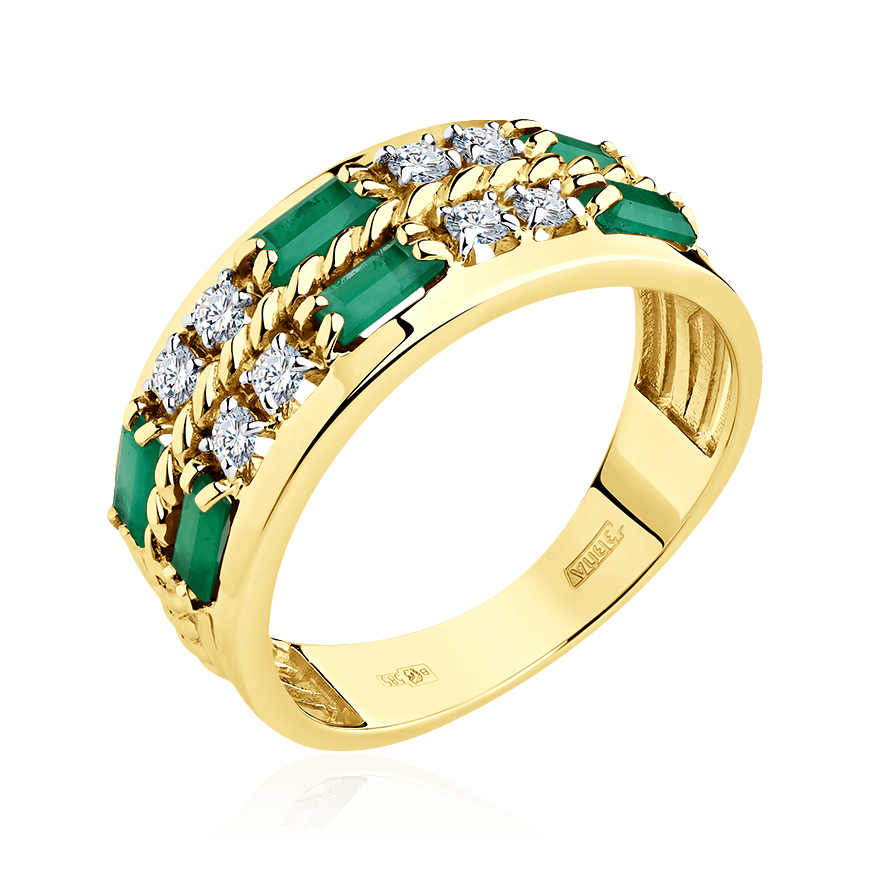 Кольцо с бриллиантами, изумрудом из желтого золота 585 пробы (арт. 101410)