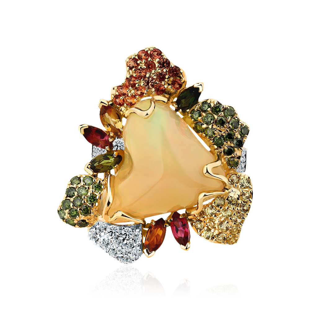 Кольцо с сапфиром, турмалином, бриллиантами, опалом из желтого золота 585 пробы, фото № 2