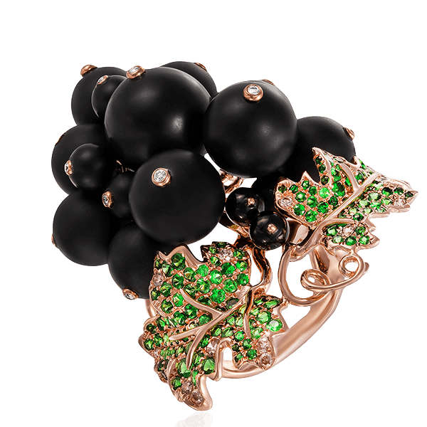 Кольцо Черная смородина с ониксом, тсаворитами, белыми и коньячными бриллиантами в красном золоте 585 пробы, фото № 1