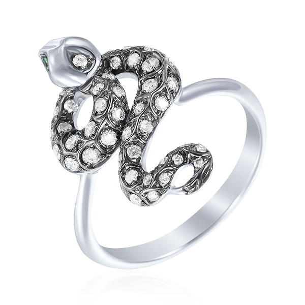 Кольцо в виде змеи с тсаворитами, бриллиантами из белого золота 585, фото № 1
