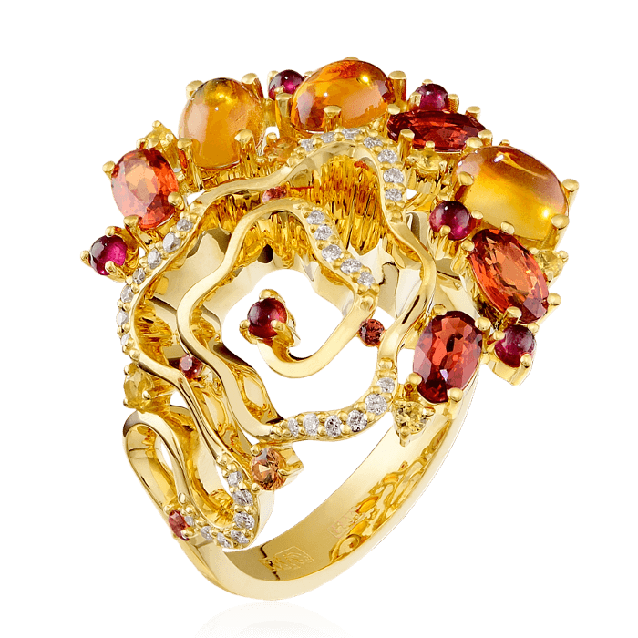 Кольцо с рубином, бриллиантами, цитрином, цветными сапфирами из желтого золота 750 пробы (арт. 38675)