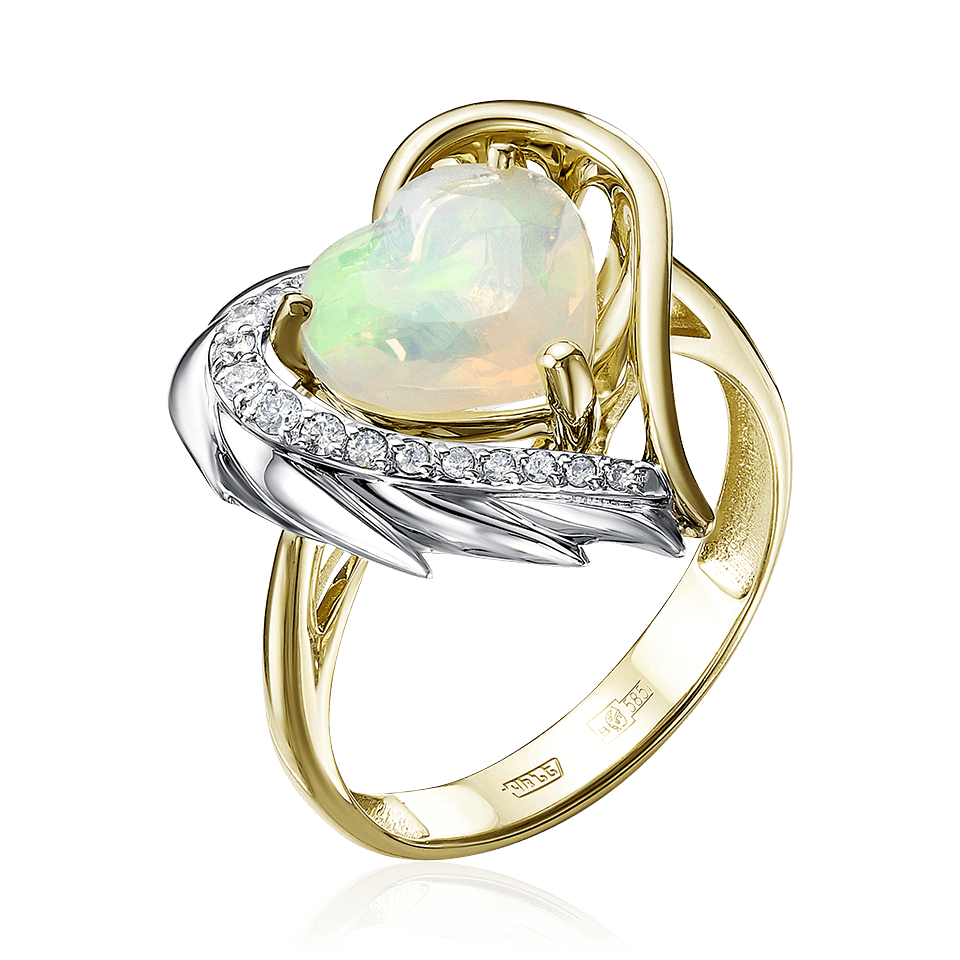 Кольцо в форме сердца с опалом, бриллиантами из желтого золота 585 пробы, фото № 1