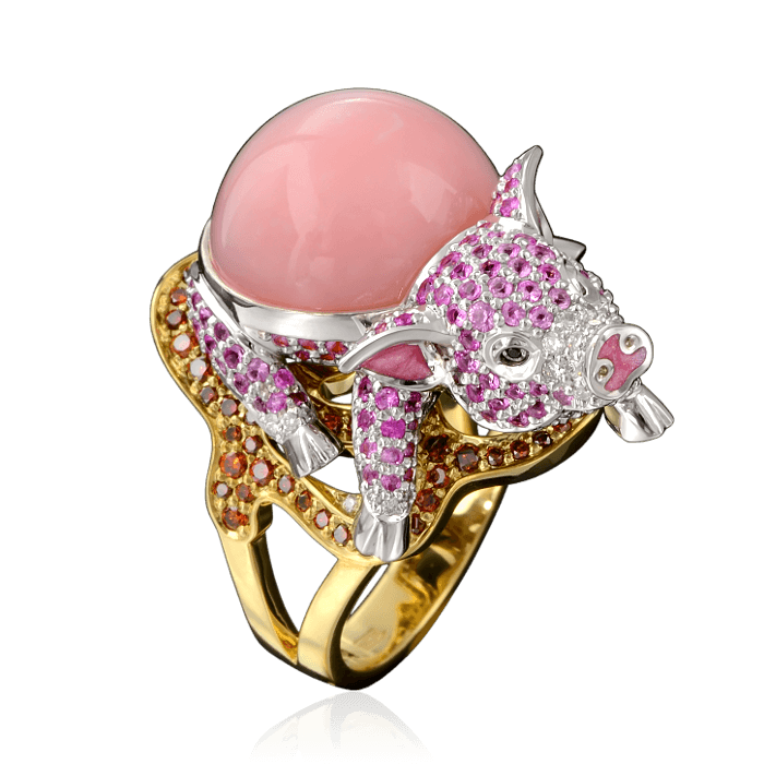 Кольцо Поросенок с опалом, розовыми сапфирами, бриллиантами в желтом и белом золоте 750 пробы, фото № 1