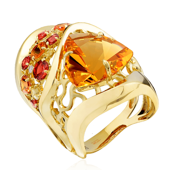 Кольцо с цитрином, бриллиантами, цветными сапфирами, турмалином из желтого золота 585 пробы (арт. 38587)