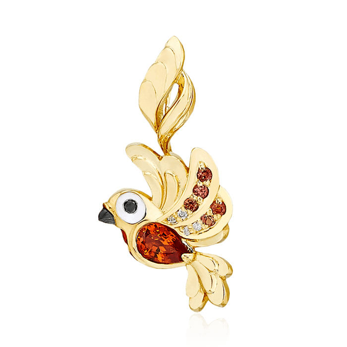 Кулон Птичка с цветными сапфирами, бриллиантами из желтого золота 750 пробы, фото № 1