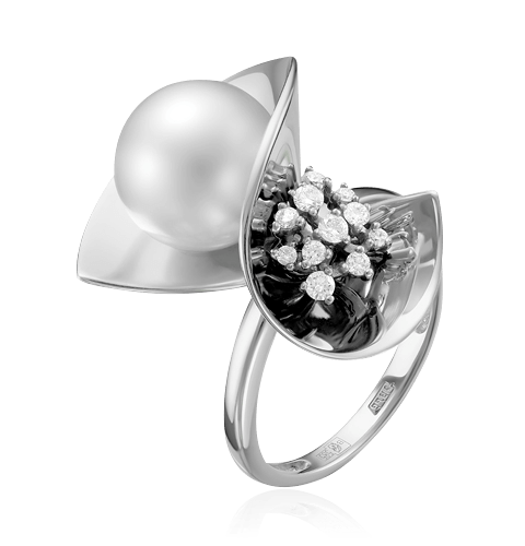 Кольцо с бриллиантами, жемчугом из белого золота 585 пробы, фото № 1