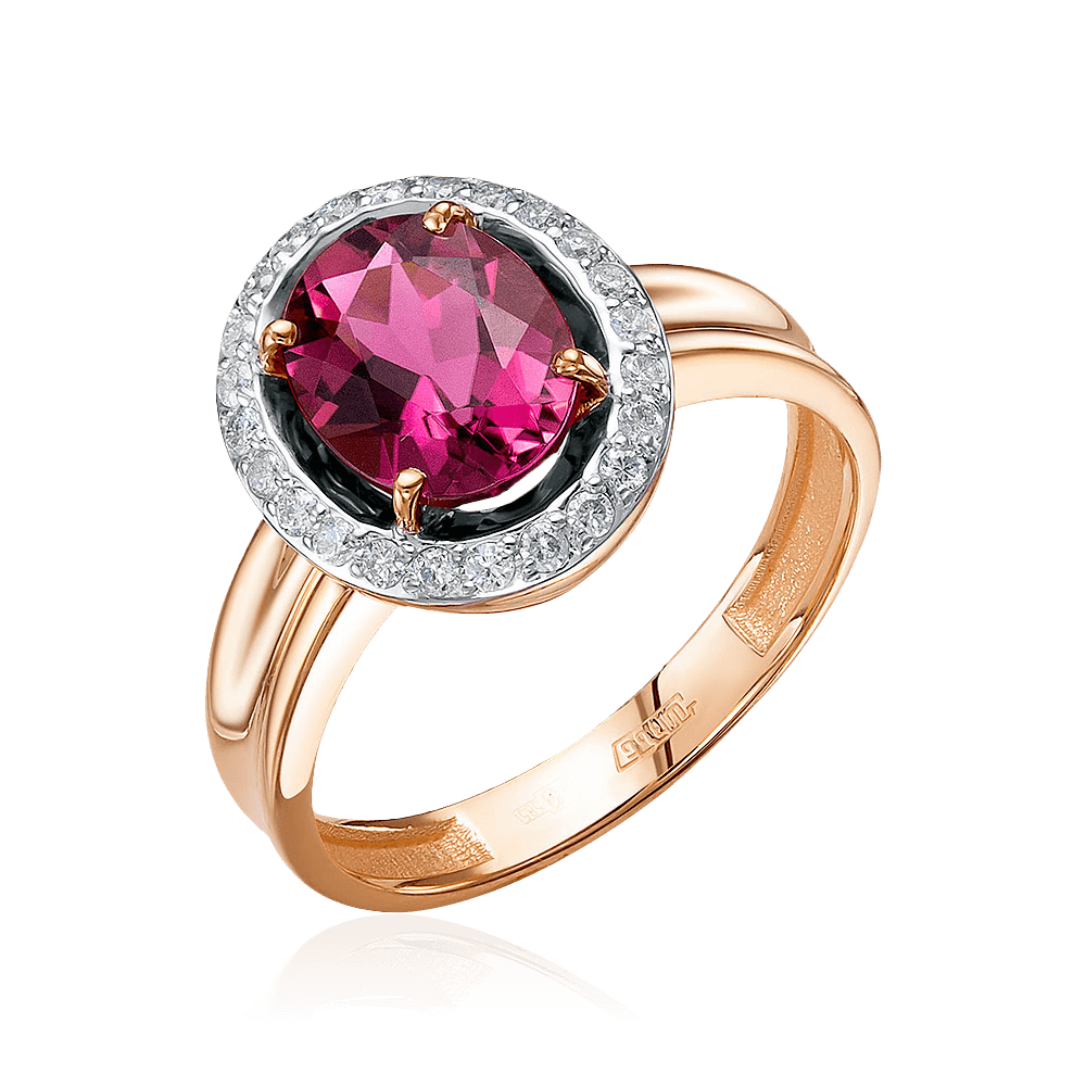 Кольцо с бриллиантами, турмалином из красного золота 585 пробы, фото № 1