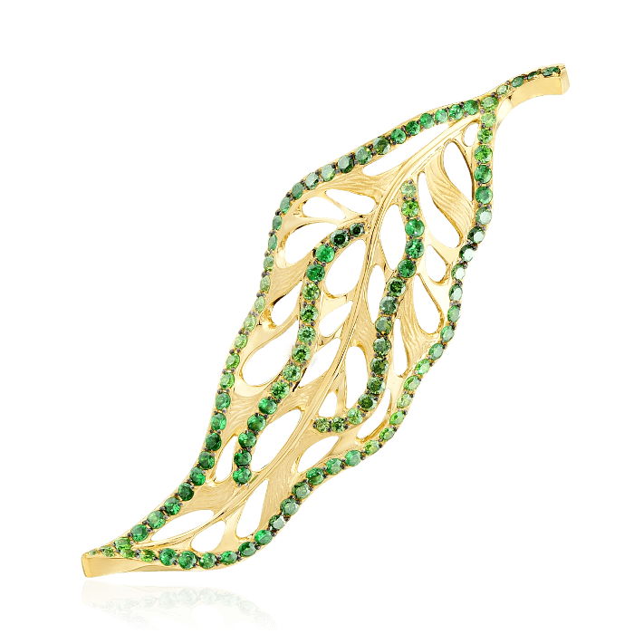 Брошь лист с бриллиантами, демантоидом, тсаворитом из желтого золота 750 пробы, фото № 1