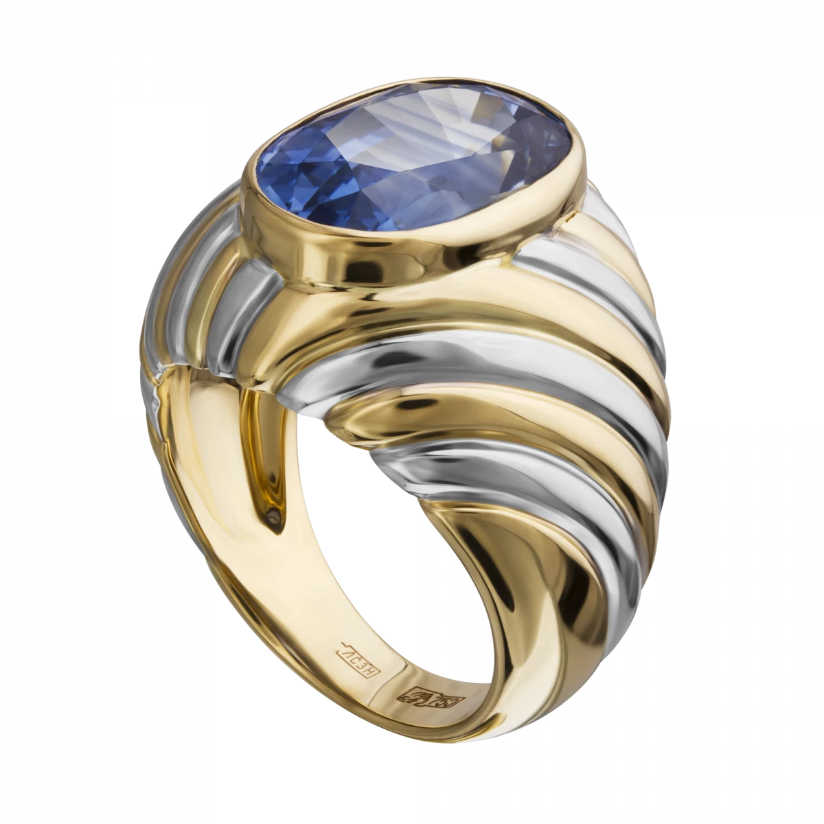 Мужское кольцо с сапфиром из желтого и белого золота 750 пробы, фото № 6