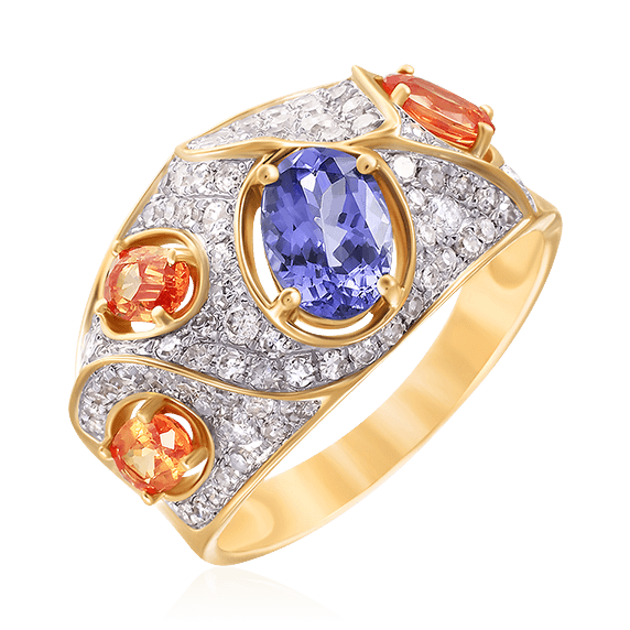 Кольцо с танзанитом, оранжевыми сапфирами, бриллиантами из желтого золота 585 пробы, фото № 1
