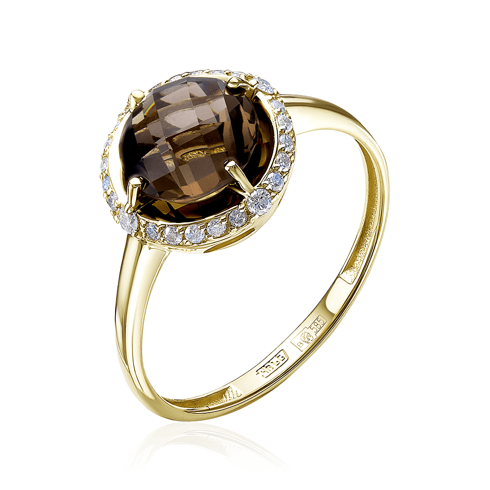 Кольцо с раухтопазом, бриллиантами из желтого золота 585 пробы (арт. 92880)