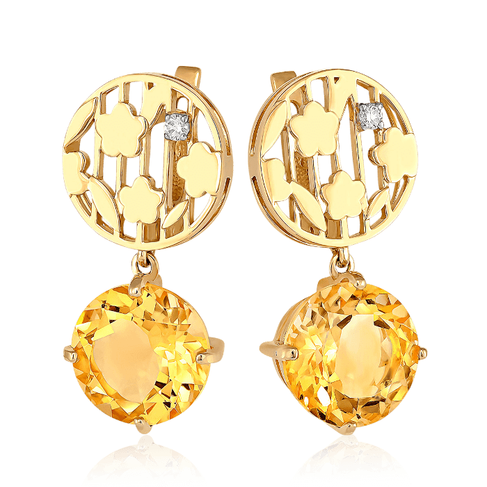 Серьги с цитрином, бриллиантами из желтого золота 585 пробы, фото № 1