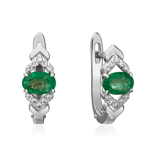Серьги с изумрудом, бриллиантами из белого золота 585 пробы, фото № 1