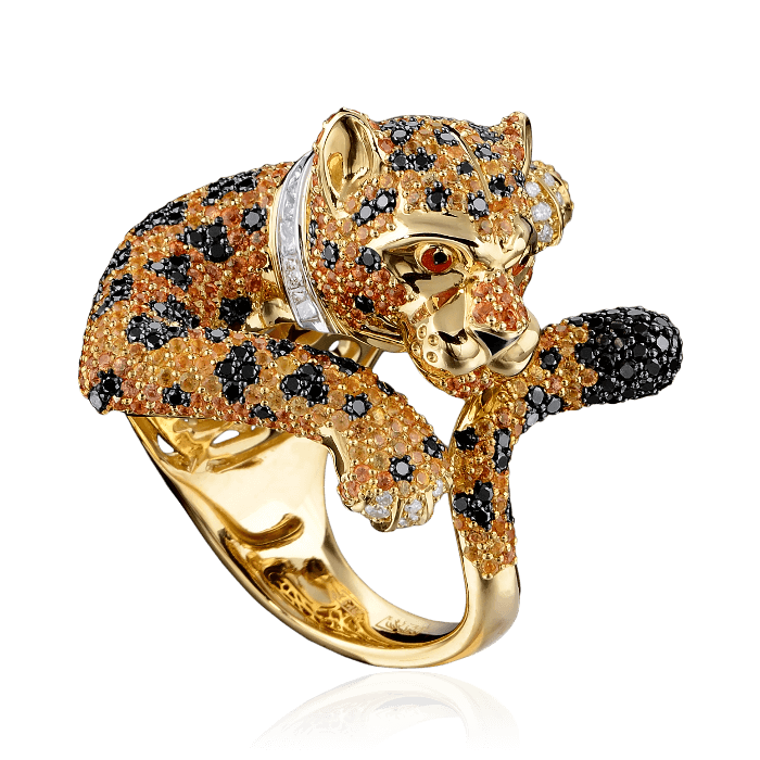 Кольцо Леопард с цветными сапфирами, бриллиантами в комбинированном золоте 750 пробы, фото № 1