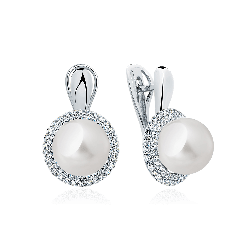 Серьги с жемчугом, бриллиантами из белого золота 585 пробы (арт. 131619)