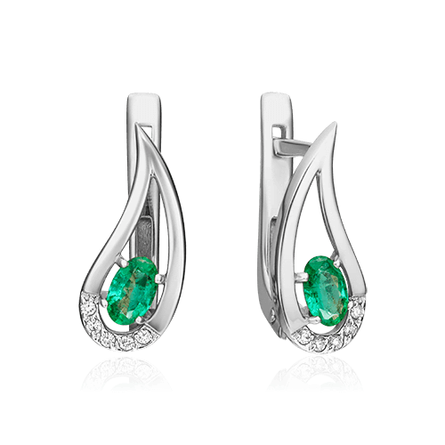 Серьги с изумрудом, бриллиантами из белого золота 585 пробы (арт. 89418)