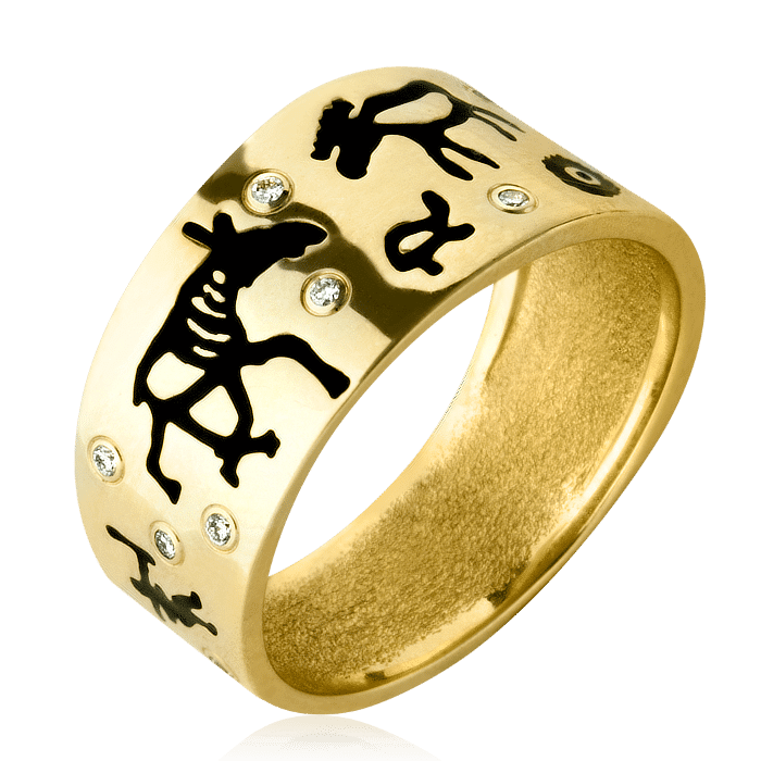 Кольцо Петроглифы с бриллиантами, эмалью из желтого золота 585 пробы, фото № 1