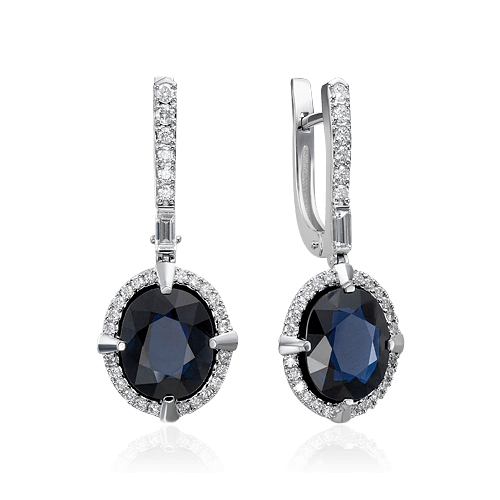 Серьги с сапфиром, бриллиантами из белого золота 585 пробы (арт. 68438)