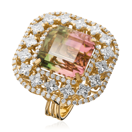 Кольцо с турмалином, бриллиантами из желтого золота 750 пробы (арт. 39415)