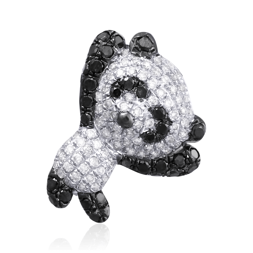 Брошь-подвеска Панда с белыми и черными бриллиантами в белом золоте 585 пробы, фото № 1