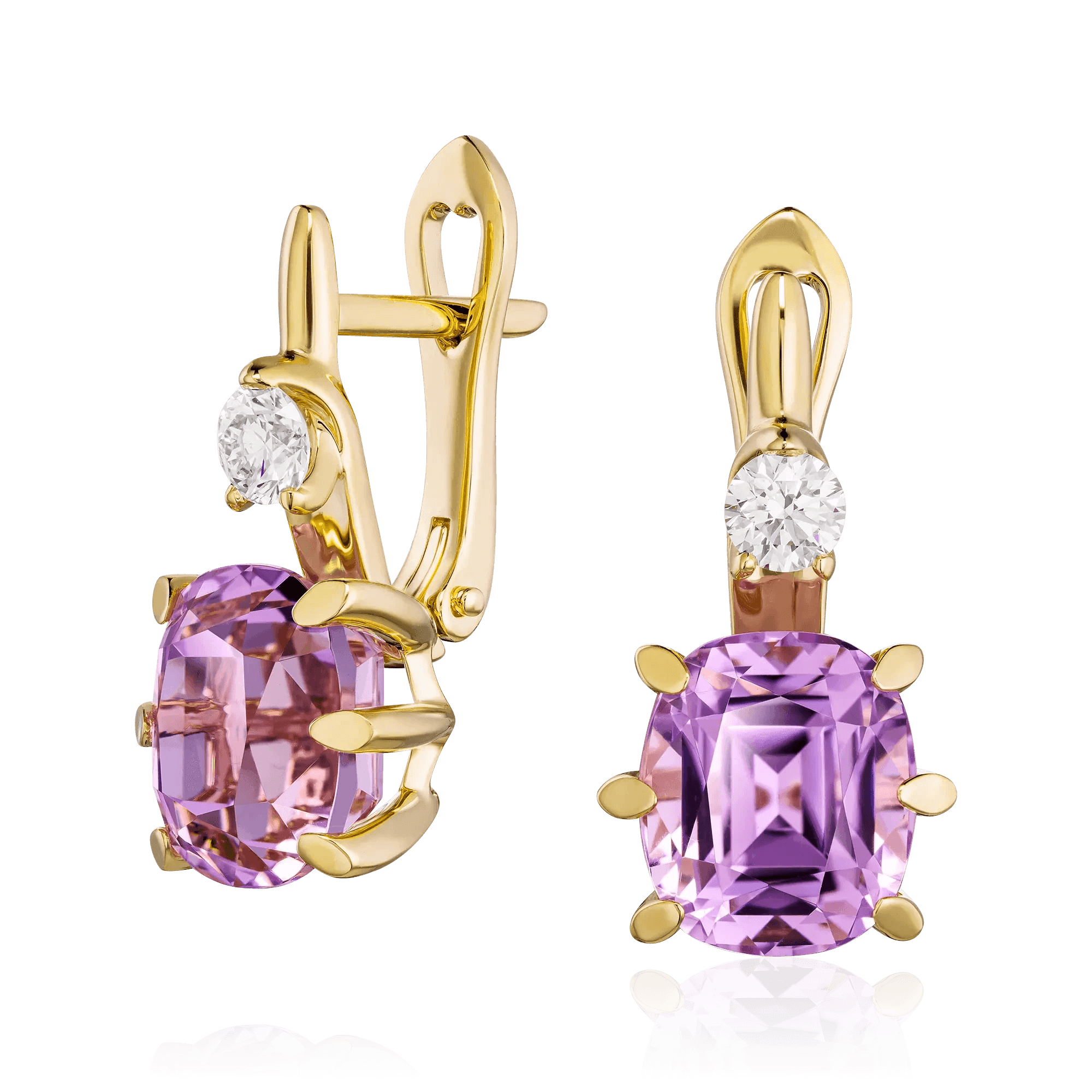 Серьги с кунцитом, бриллиантами из желтого золота 750 пробы (арт. 123382)