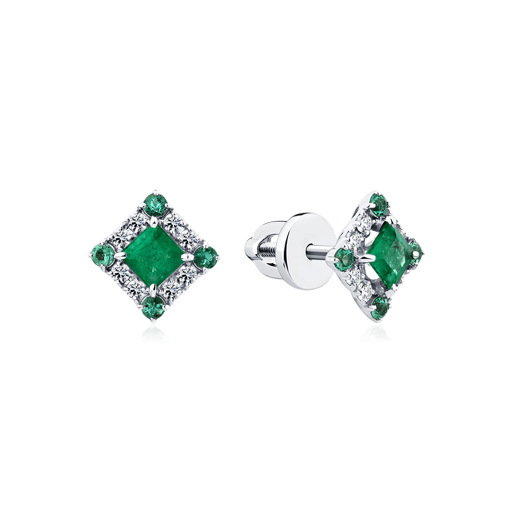 Серьги с изумрудом, бриллиантами из белого золота 585 пробы (арт. 134866)