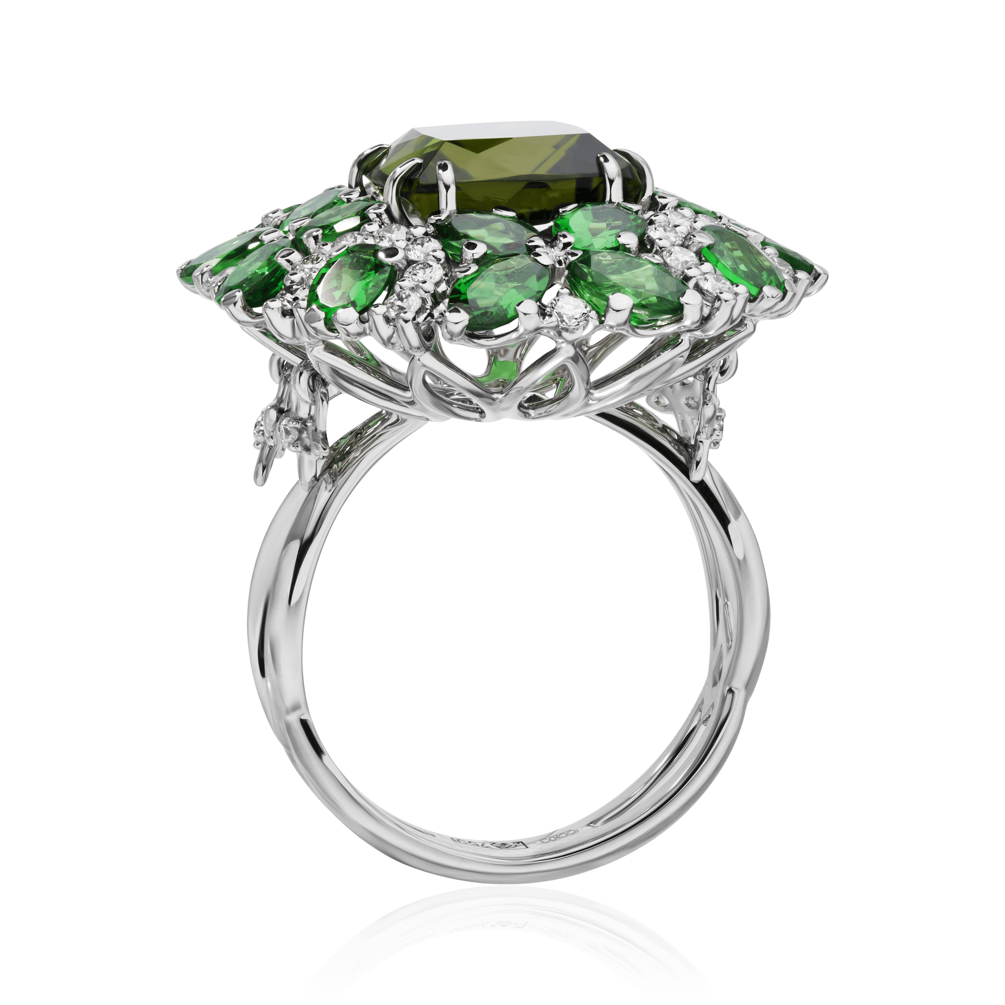 Кольцо с турмалином, бриллиантами, тсаворитом из белого золота 750 пробы, фото № 3
