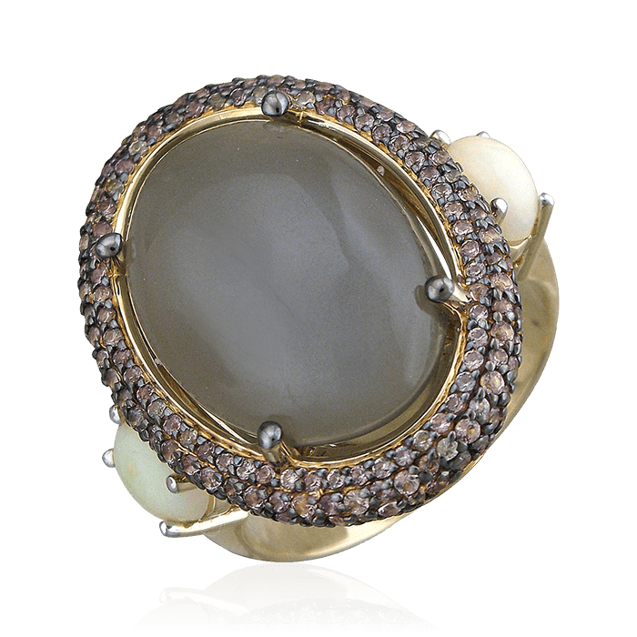 Кольцо с лунным камнем, опалом, цветными сапфирами из желтого золота 585 пробы, фото № 1