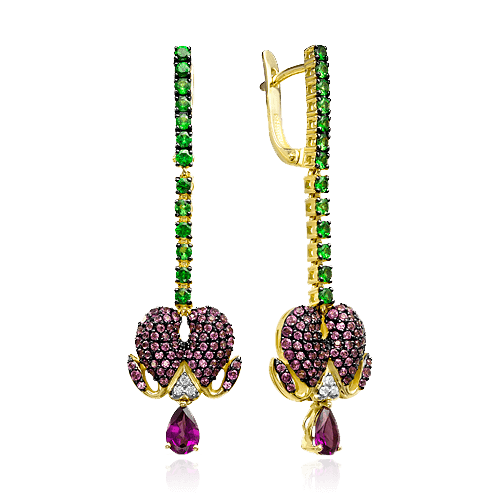 Серьги в виде цветов с бриллиантами, тсаворитом, родолитом из желтого золота 585 пробы (арт. 66542)
