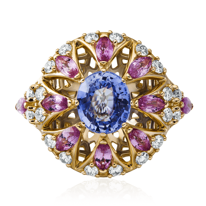 Кольцо с сапфиром, розовыми сапфирами, бриллиантами из желтого золота 750 пробы, фото № 2