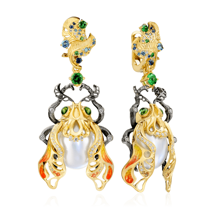 Серьги Жуки с жемчугом, сапфиром, бриллиантами, топазом, турмалином, сапфиром фантазийным из комбинированного золота 750 пробы (арт. 37714)