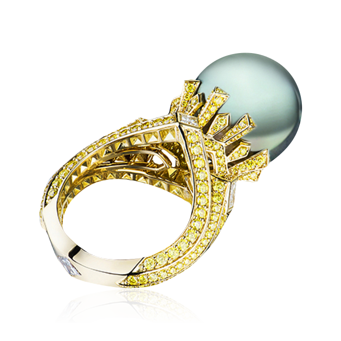 Кольцо с жемчужиной Таити и бриллиантами из желтого золота 750 пробы, фото № 2