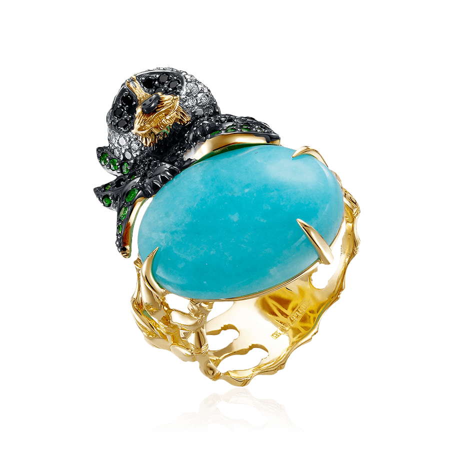 Кольцо Панда с амазонитом, бриллиантами из желтого золота 585 пробы, фото № 1