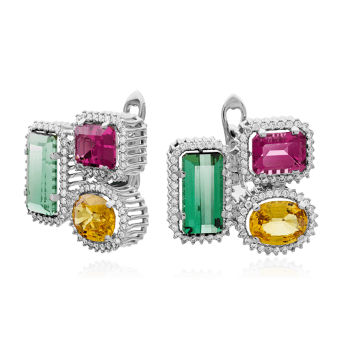 Серьги с турмалинами, цветными сапфирами, бриллиантами из белого золота 585 пробы, фото № 1