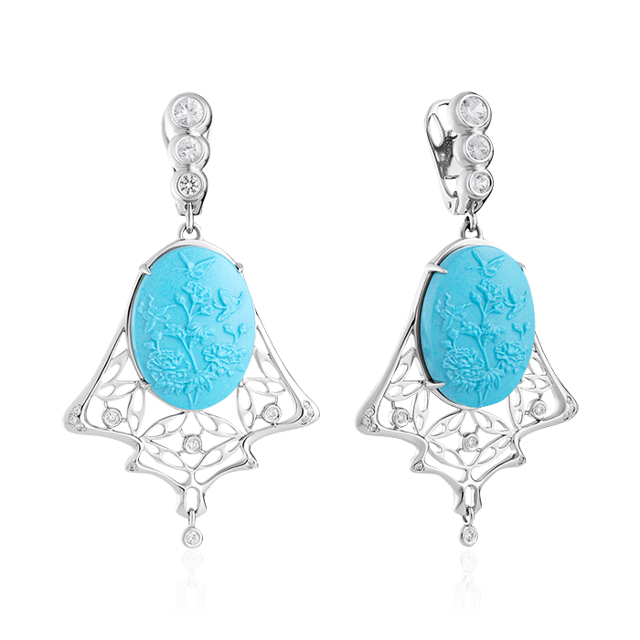 Серьги Ришелье с бирюзой, белыми сапфирами, бриллиантами из белого золота 585 пробы (арт. 71222)