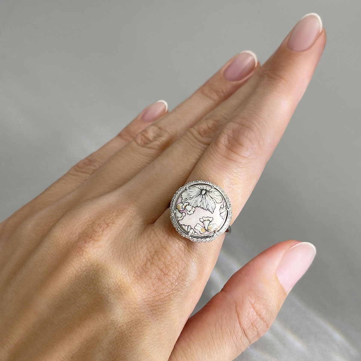 Кольцо с бриллиантами, финифтью из белого золота 585, фото № 4