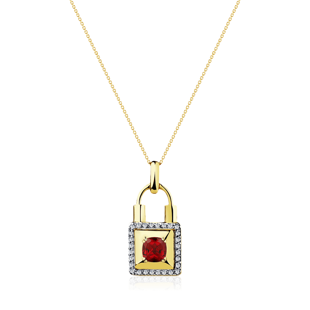 Колье в виде замочка с бриллиантами, родолитом из желтого золота 585 пробы (арт. 101482)