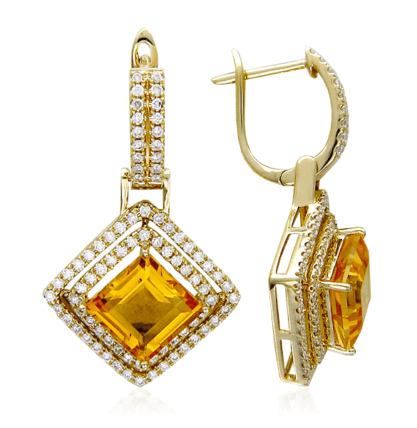 Серьги с бриллиантами, цитрином из желтого золота 585 пробы, фото № 1