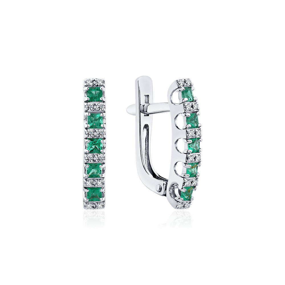 Серьги с изумрудом, бриллиантами из белого золота 585 пробы (арт. 126377)