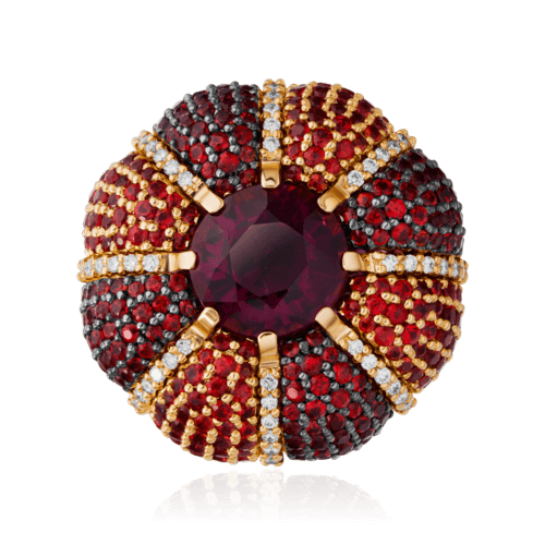 Кольцо с рубеллитом, рубином, оранжевыми сапфирами из желтого золота 750 пробы, фото № 2