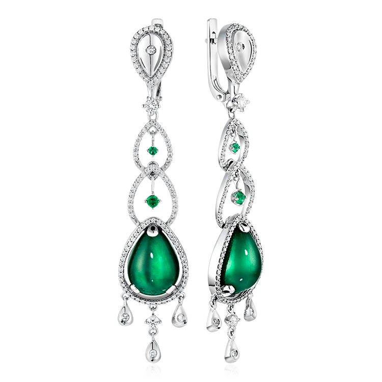 Серьги с изумрудом, бриллиантами из белого золота 585 пробы, фото № 1