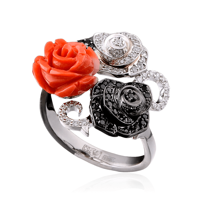 Кольцо Розы с кораллом, белыми и черными бриллиантами в белом золоте 750 пробы (арт. 27641)